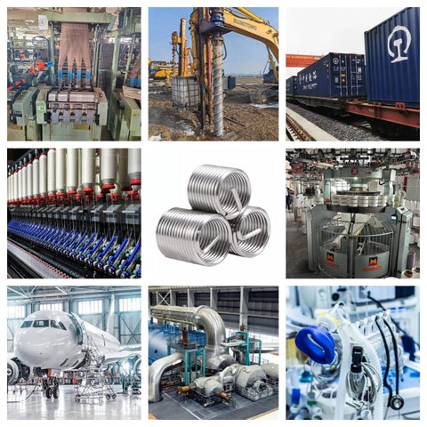 Collage of industrial scenes with M6 wire thread inserts for 6mm drill, 1mm pitch, 2D length in 304 stainless steel metric, 100 pcs pack.