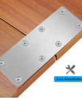 Four Pack Badass Stainless Steel Flat Mending Plates For Wood Diy Fixes And Shelf Building Hella Sturdy Straight Connectors Rust Proof Hardware With Installation Screws on wooden surface, installed with screws.