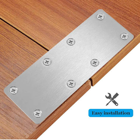 Four Pack Badass Stainless Steel Flat Mending Plates For Wood Diy Fixes And Shelf Building Hella Sturdy Straight Connectors Rust Proof Hardware With Installation Screws on wooden surface, installed with screws.