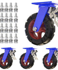Set Of Four Heavy Duty Swivel Casters Featuring Quiet Rollin Rubber Tires And Rock Solid Plate Lock Brakes, blue and red wheel close-up.