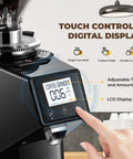 Straight Up Pro Level Electric Coffee Grinder With Industrial Flat Steel Burrs 19 Adjustable Grinding Settings Digital Timer Lock And Huge Thirty Five Ounce Hopper touch control and LCD display for adjustable grinding.