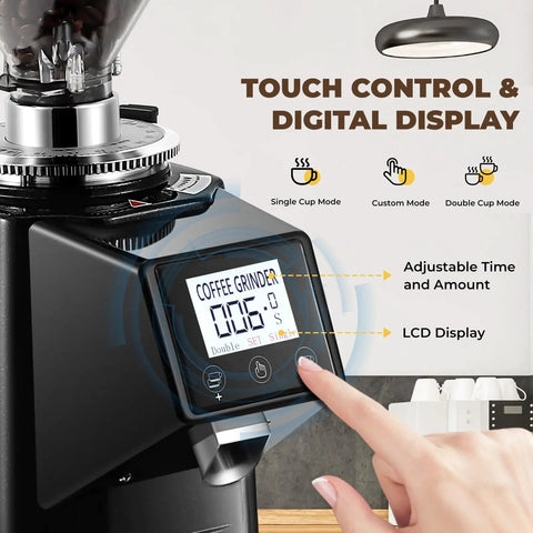 Straight Up Pro Level Electric Coffee Grinder With Industrial Flat Steel Burrs 19 Adjustable Grinding Settings Digital Timer Lock And Huge Thirty Five Ounce Hopper touch control and LCD display for adjustable grinding.