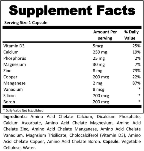Supplement facts for Amino Acid Chelate Calcium Capsules For Bone Density Support And Strong Bones With Organic Mineral Chelates ChelaMax Complex Includes Calcium Magnesium Zinc Manganese Copper Vanadium Silicon Boron And Vitamin D3 For Better Absorption
