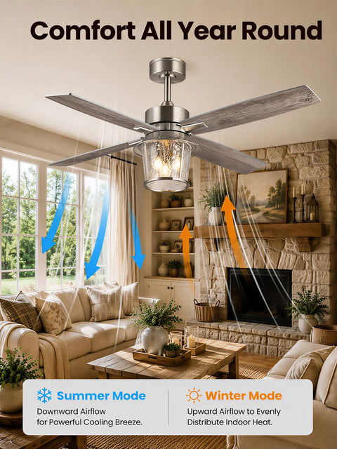 TALOYA 52" Farmhouse Ceiling Fan with Light and Remote, Rustic Style in living room, showcases summer and winter airflow modes.