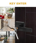 12 Piece Black Finish Passage Door Lever Set With Square Panel For Modern Interior Doors, Easy Grip Handles, shown in various spaces