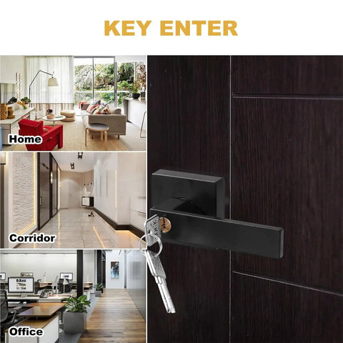 12 Piece Black Finish Passage Door Lever Set With Square Panel For Modern Interior Doors, Easy Grip Handles, shown in various spaces