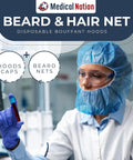 Scientist wearing blue disposable beard and hair net in lab, demonstrating full coverage protection.