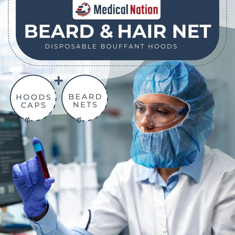 Scientist wearing blue disposable beard and hair net in lab, demonstrating full coverage protection.