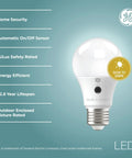 Image showing Dusk To Dawn A19 LED Bulbs Eight And A Half Watt Outdoor Security Light Auto On Off Daylight 3 Pack.