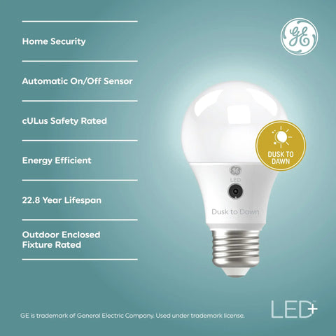 Image showing Dusk To Dawn A19 LED Bulbs Eight And A Half Watt Outdoor Security Light Auto On Off Daylight 3 Pack.