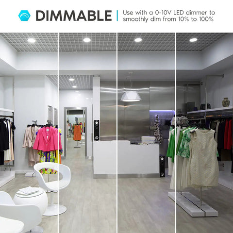 4 Inch LED Recessed Canless Downlight With J Box in retail setting, 0-10V dimmable lighting showcasing brightness levels.