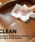 Cleaning brown leather upholstery with leather cleaner and conditioner that deep cleans, brings back soft supple leather and protects.