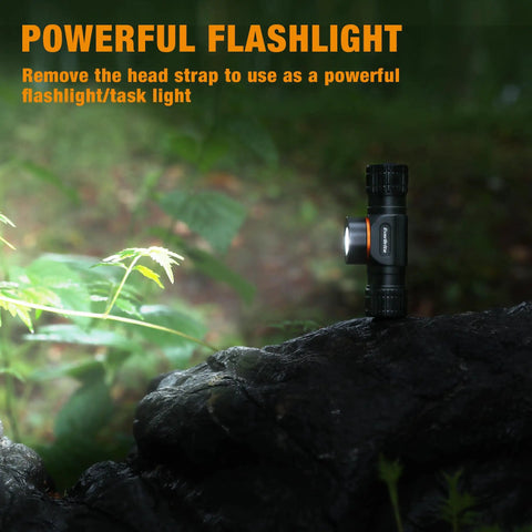 Rechargeable Headlamp With 1000 Lumen LED Beam, Five Light Modes Including SOS, Magnetic Base, used as flashlight on rock