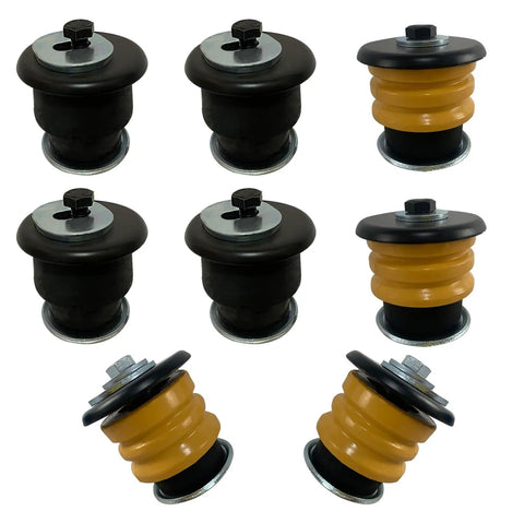 Heavy Duty Eight Piece Body Mount Bushing Kit Plug And Play For 2002 To 2005 Ford Explorer and Mercury Mountaineer showing eight rubber suspension bushes