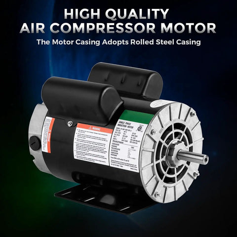 Heavy Duty 5HP Air Compressor Motor 230V Single Phase 56 Frame Electric Motor with rolled steel casing and keyed shaft.