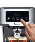 No Drama Home Bar Setup With This Compact Touchscreen Espresso Machine showing user interacting with touchscreen controls.
