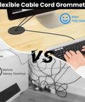 Comparison of a tidy desk using Petal Shaped Cable Grommets For One And One Half Inch Wire Holes Pack Of Five Nylon 94V2 with a messy desk.