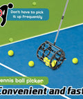 No Bending Over Tennis Ball DinkBall Roller Picker on blue court, quick rolling retriever with large capacity, adjustable pole