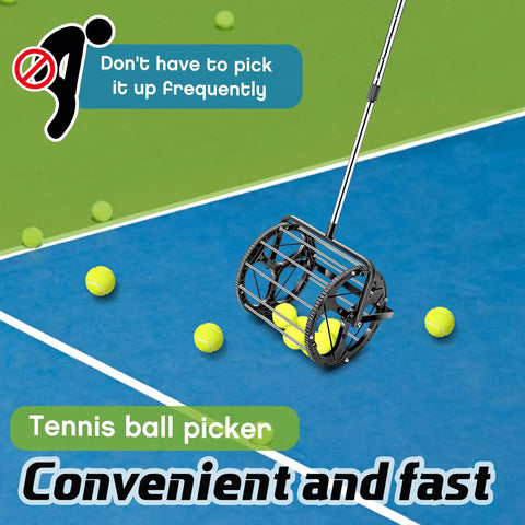 No Bending Over Tennis Ball DinkBall Roller Picker on blue court, quick rolling retriever with large capacity, adjustable pole