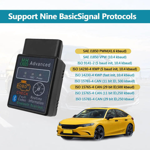 Compact Bluetooth OBD2 Scanner Diagnostic Tool For Your Ride showing diagnostic protocols for engine troubleshooting.