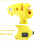 Yellow 300W Industrial Hot Glue Gun With Adjustable Switch, two-switch 150W and 300W control visible, ideal for carpentry and DIY.