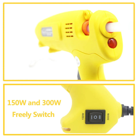 Yellow 300W Industrial Hot Glue Gun With Adjustable Switch, two-switch 150W and 300W control visible, ideal for carpentry and DIY.