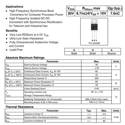 IRLB8721N N Channel MOSFET Power Transistor Pack Of 10, TO-220AB datasheet view with 30V, 62A ratings and pinout