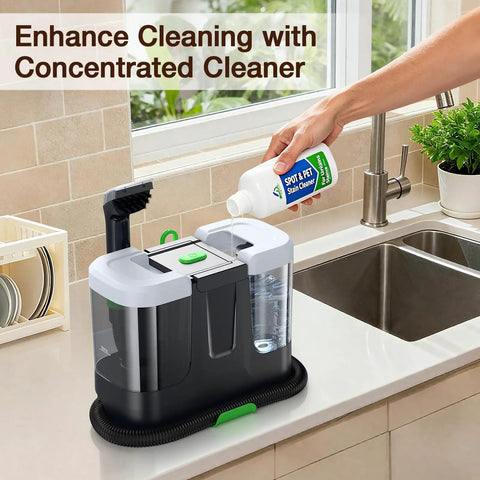 Person using electric spin scrubber with 4 replaceable brush heads and adjustable extension handle pro bathroom tile cleaner 400 RPM