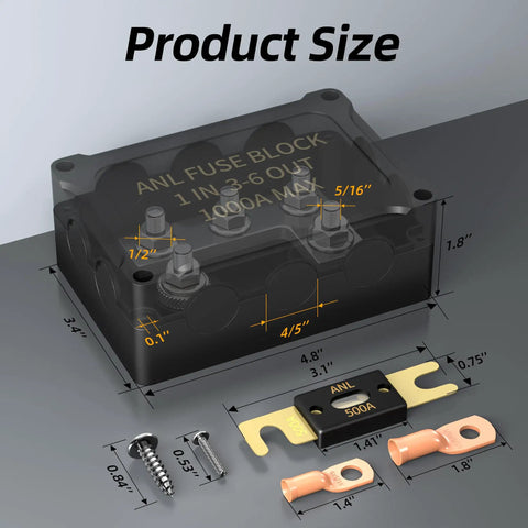 ANL Fuse Holder Includes 300A 400A 500A Fuses Max 1000A Waterproof Fuse Block 1 In 3-6 Out M8 Studs dimensions and components