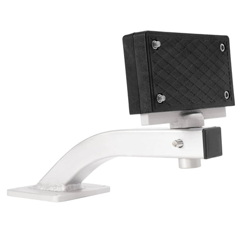 HECASA universal 90-degree trolling motor bracket; white aluminum arm, textured black mounting plate, side view.