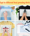 Nonstick Pro Grade Heat Press Paper Set used in various heat pressing devices on different colored shirts for crafts and sublimation.