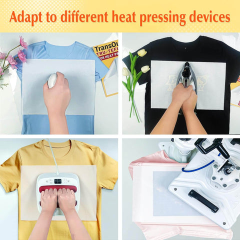 Nonstick Pro Grade Heat Press Paper Set used in various heat pressing devices on different colored shirts for crafts and sublimation.