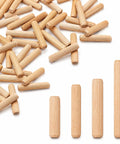 Top Tier Pack Of Twenty Five Grooved Birch Wood Dowels Five Eighths By Three Point Seven Five Inches With Beveled Tips for DIY projects.