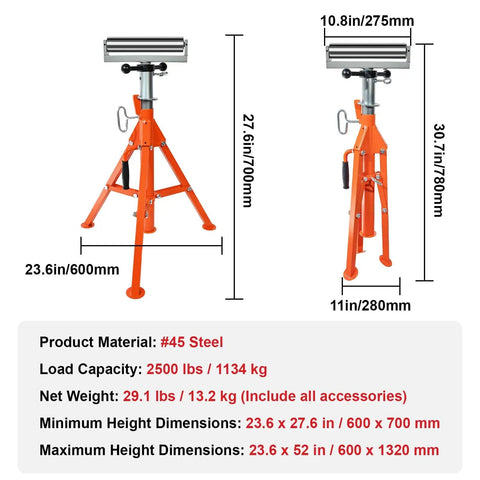 Heavy Duty Roller Stand With 2500 Lb Capacity And 28 To 52 Inch Adjustable Height Foldable Tool Stand For Pipes Wood And Metalworking Projects Built To Last For Long Materials And Sheet Metal Work, shown with dimensions and #45 steel material.