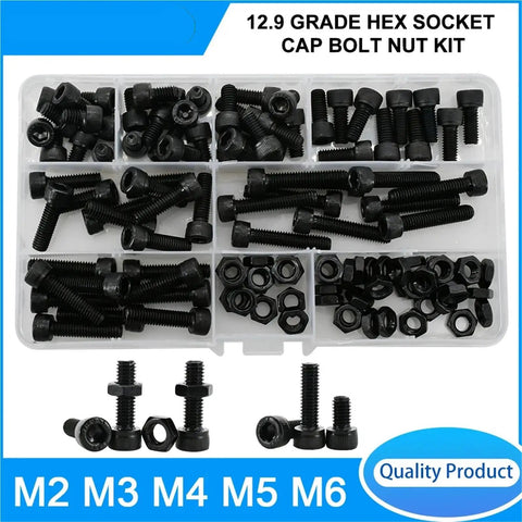 Pro Grade M2 M3 M4 M5 M6 Screws Bolts Nuts Kit Beefy Grade 12.9 Black Carbon Steel DIN912 Hex Socket Cap Head Allen Machine Screws and Nuts Set for Home Shop and DIY Projects, black screws and nuts in organizer