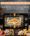 Straight Fire Rotatable Air Fryer Oven Basket With Slick 360 Degree Spin For Easy Nut Baking Coffee Roasting And Cookout Ready Grilling In Top Tier Stainless Steel inside oven with golden fries and chicken.