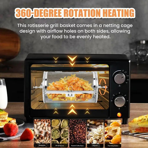 Straight Fire Rotatable Air Fryer Oven Basket With Slick 360 Degree Spin For Easy Nut Baking Coffee Roasting And Cookout Ready Grilling In Top Tier Stainless Steel inside oven with golden fries and chicken.