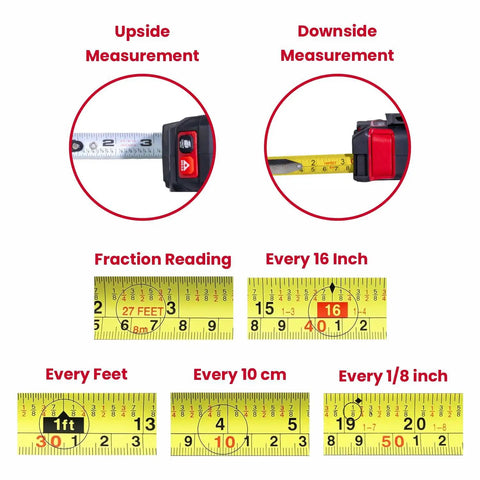2 In 1 Laser Tape Measure With 130 Ft Laser Range And 16 Ft Tape, Magnetic Hook, USB Rechargeable, Auto Lock, LCD Display, Metric And Imperial Units For DIYers And Pros Quick Area And Volume Calculations showing fraction marks