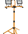 Dual Head LED Work Light On Steel Tripod, 6000 Lumens, 72W, 4000K Neutral White, 5 Ft Cord, Rugged Orange And Black Portable Job Site Lighting