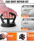Dent Puller Kit With Suction Cup For Cars Large 4.6 Inch Dent Remover Plus Two Small 2.1 Inch Pullers Microfiber Cloth All In One Auto Dents Repair Tools Bundle Easy DIY Fix, black ABS puller on car door before and after use