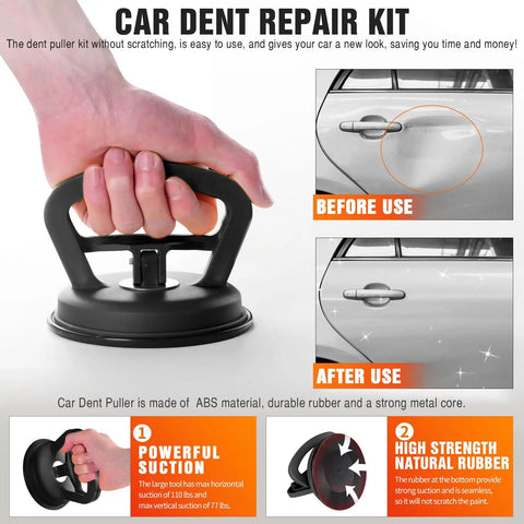 Dent Puller Kit With Suction Cup For Cars Large 4.6 Inch Dent Remover Plus Two Small 2.1 Inch Pullers Microfiber Cloth All In One Auto Dents Repair Tools Bundle Easy DIY Fix, black ABS puller on car door before and after use