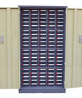 Heavy Duty Bolt Bin Cabinet With One Hundred Drawers For Nuts Bolts And Hardware Storage Featuring Smooth Tracks And Pre Made Labels open showing organized drawers.