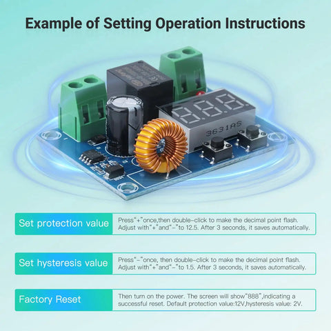 Example of settings for Two Pack Digital Dc Voltage Protector For 12 To 36 Volt Systems With Bright Lcd Readout.