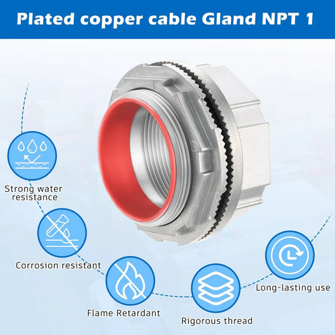Pro Level Rock Solid 2 Piece Pack Of 2 Inch Watertight Conduit Hub Fittings Featuring Heavy Duty Rubber O Rings For No Sweat Outdoor Electrical Wiring Projects, plated copper cable gland with red rubber.