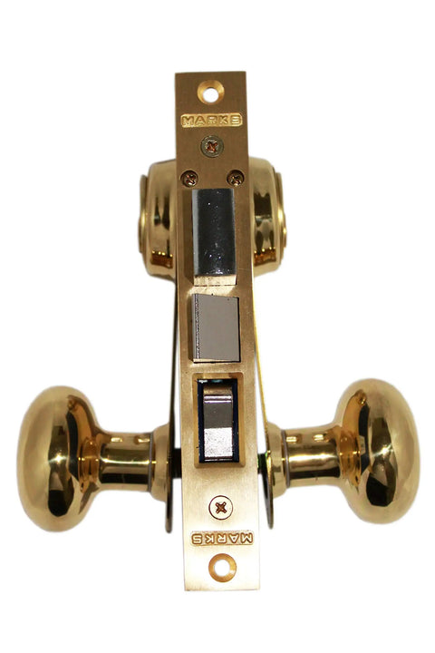 Beefy Double Cylinder Iron Gate Mortise Lock Set With Ornamental Knob Plate And 2 Point 5 Inch Backset Left Hand Reverse Polished Brass Finish 1 Inch Deadbolt And 1 Inch Face Plate