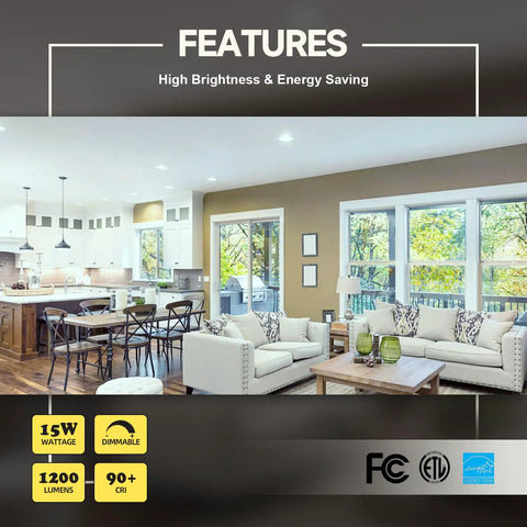 Living room with Six Inch Slim LED Recessed Ceiling Light With Junction Box Dimmable Downlight With Baffle Trim 5000K