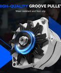Close-up of a One Wire 63 Amp Self Exciting Alternator For Chevy 350 Small Block V8 with CNC Machined Aluminum Housing