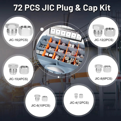 All In One Pro Grade Heavy Duty 72 Piece Hydraulic JIC Plug And Cap Kit With 37 Degree Flare Fittings