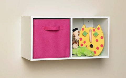 Cubeicals 2 Cube Storage Shelf Organizer for Books, Clothes and Decor with white wood finish, pink fabric drawer, toys displayed