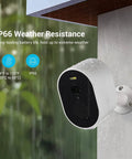 Outdoor Security Camera 2K QHD With Color Night Vision For Crisp Color Footage mounted outside handling rain showing IP66 weatherproof